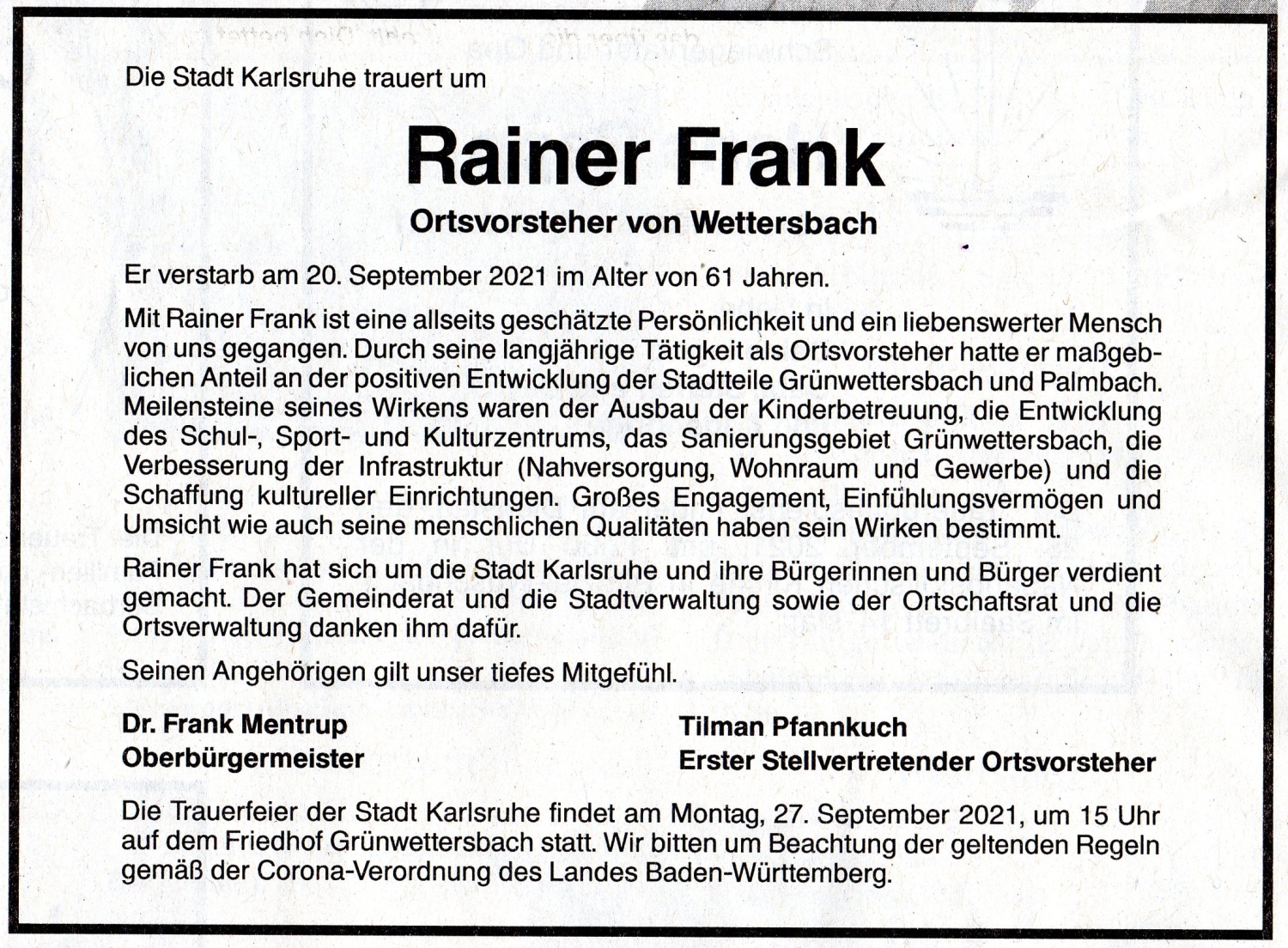 Gedenken an Ortsvorsteher Rainer Frank