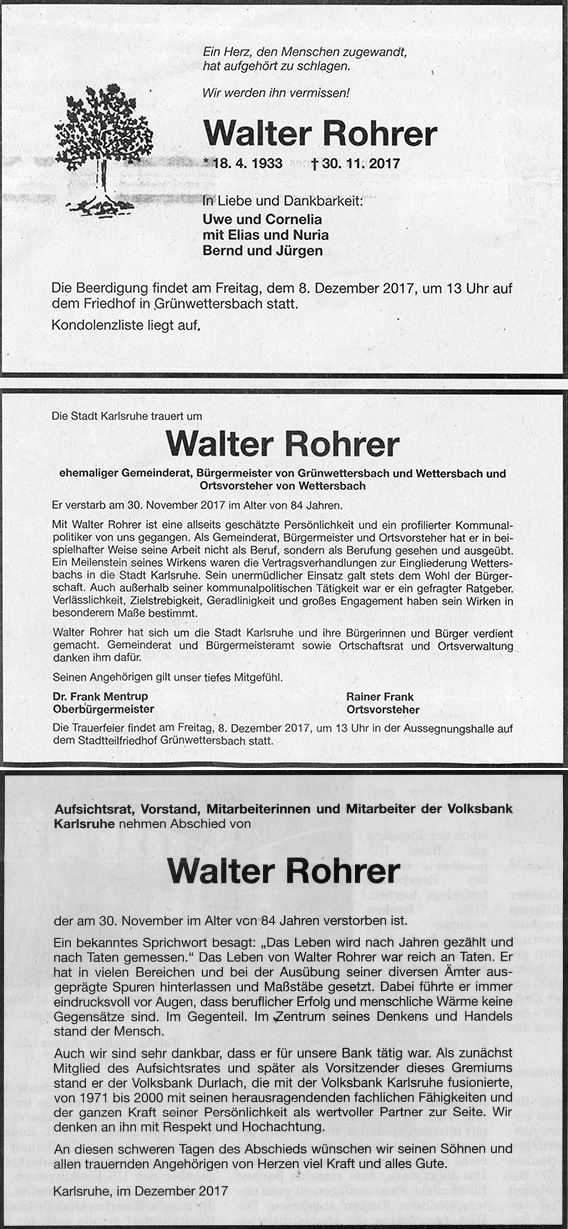 Traueranzeigen von Walter Rohrer aus Grünwettersbach