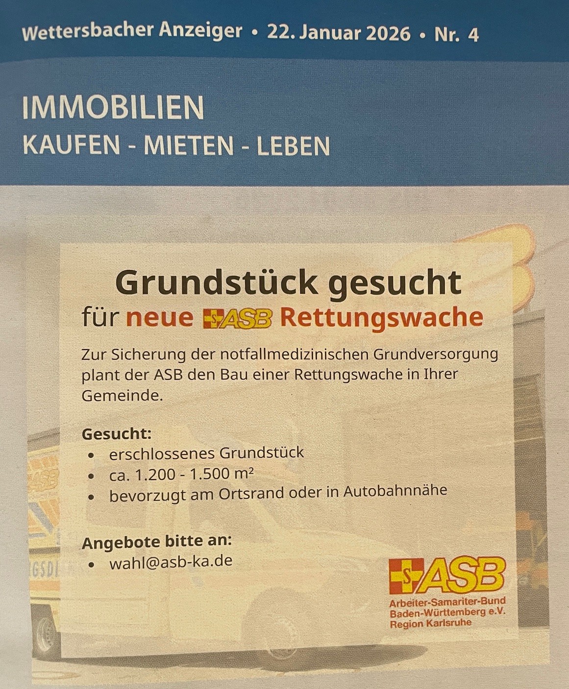 ASB Karlsruhe sucht Baugrundstück für Rettungswache in den Höhenstadtteilen
