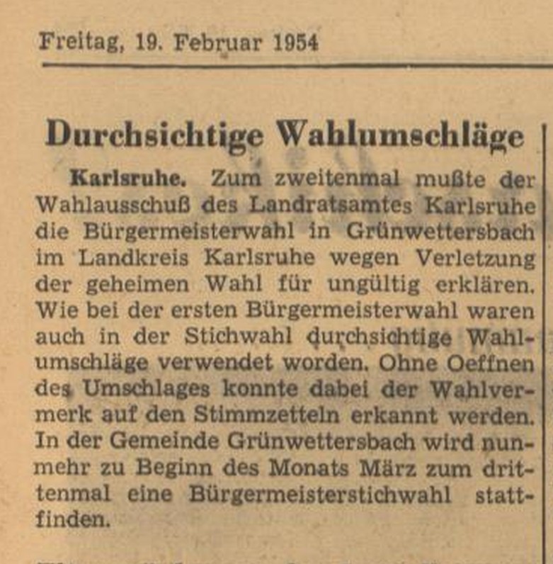 Bürgermeisterwahl Grünwettersbach 1954. Quelle: Heidelberger Tageblatt. https://www.blb-karlsruhe.de/